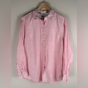 Tommy Bahama Shirt Womens Medium OrangeWhite Striped Linen Long Sleeve Button Up